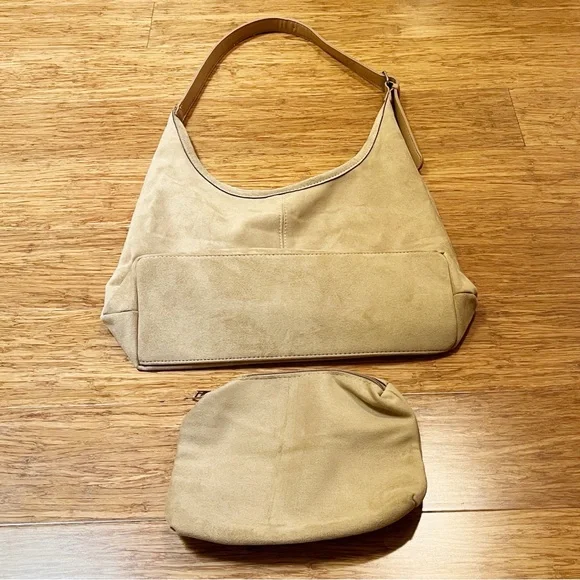 NEW! Faux Vegan Tan Beige Slouchy Suede Hobo Shoulder Bag with matching Purse - Picture 3 of 14